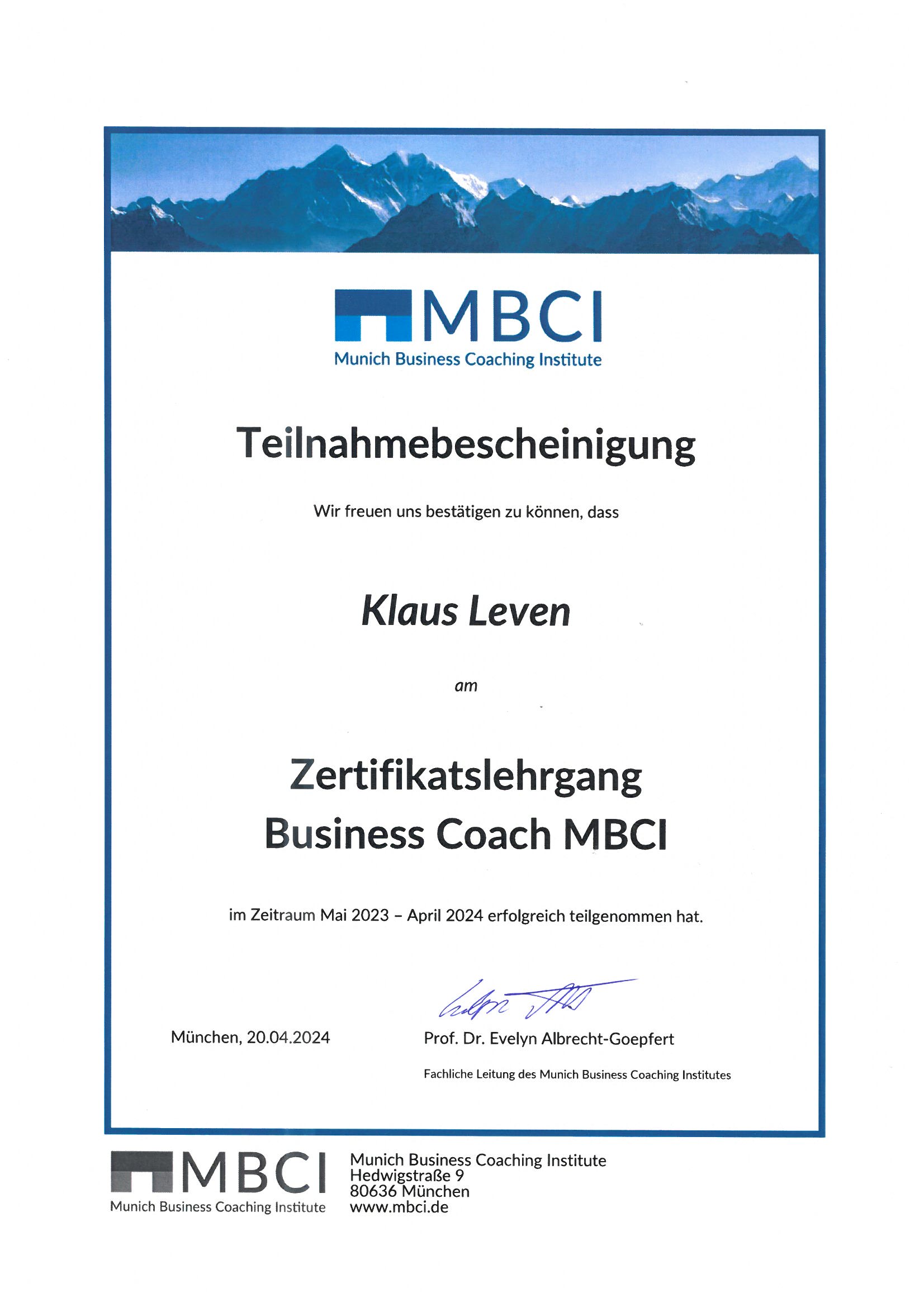 Zertifikat Klaus Leven Systemisches Life- und Business-Coaching
